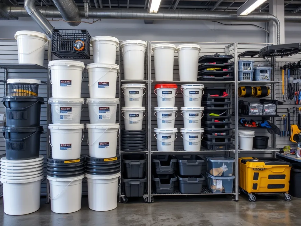 Garage shelf loaded with organized car care products