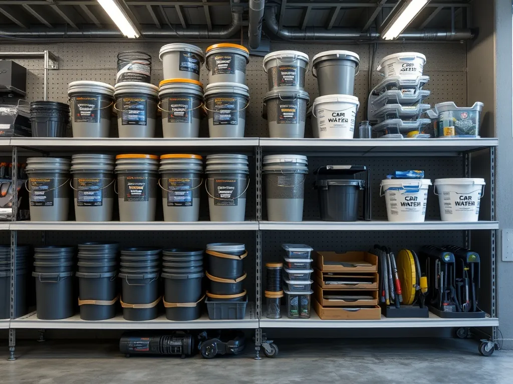 High-volume detailing setup with multiple bucket stations in a bay